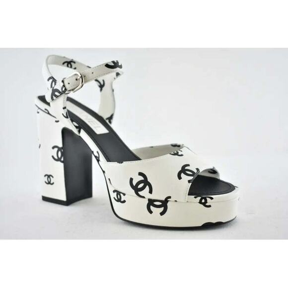 Chanel 22S White Black Lambskin CC Logo Platform Strap Block Heel Sandal 39.5 - Picture 5 of 12